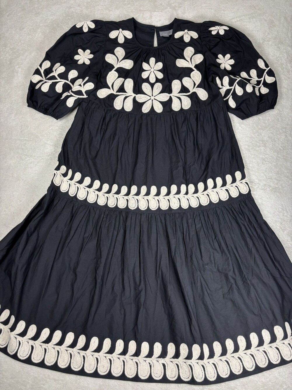 Anthropologie Embroidered Puff Sleeve Midi Dress Large Cotton Black Ivory